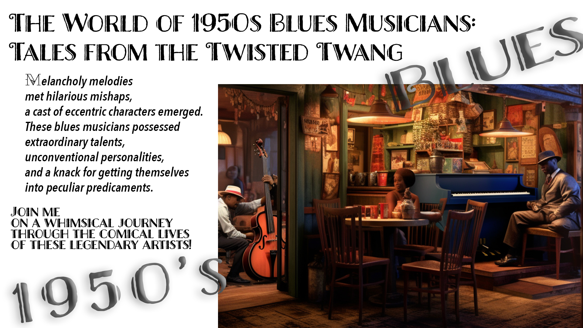 Melancholy melodies met hilarious mishaps, a cast of eccentric characters emerged. These blues musicians possessed extraordinary talents, unconventional personalities, and a knack for getting themselves into peculiar predicaments. JOIN ME ON A WHIMSICAL JOURNEY THROUGH THE COMICAL LIVES OF THESE LEGENDARY ARTISTS!