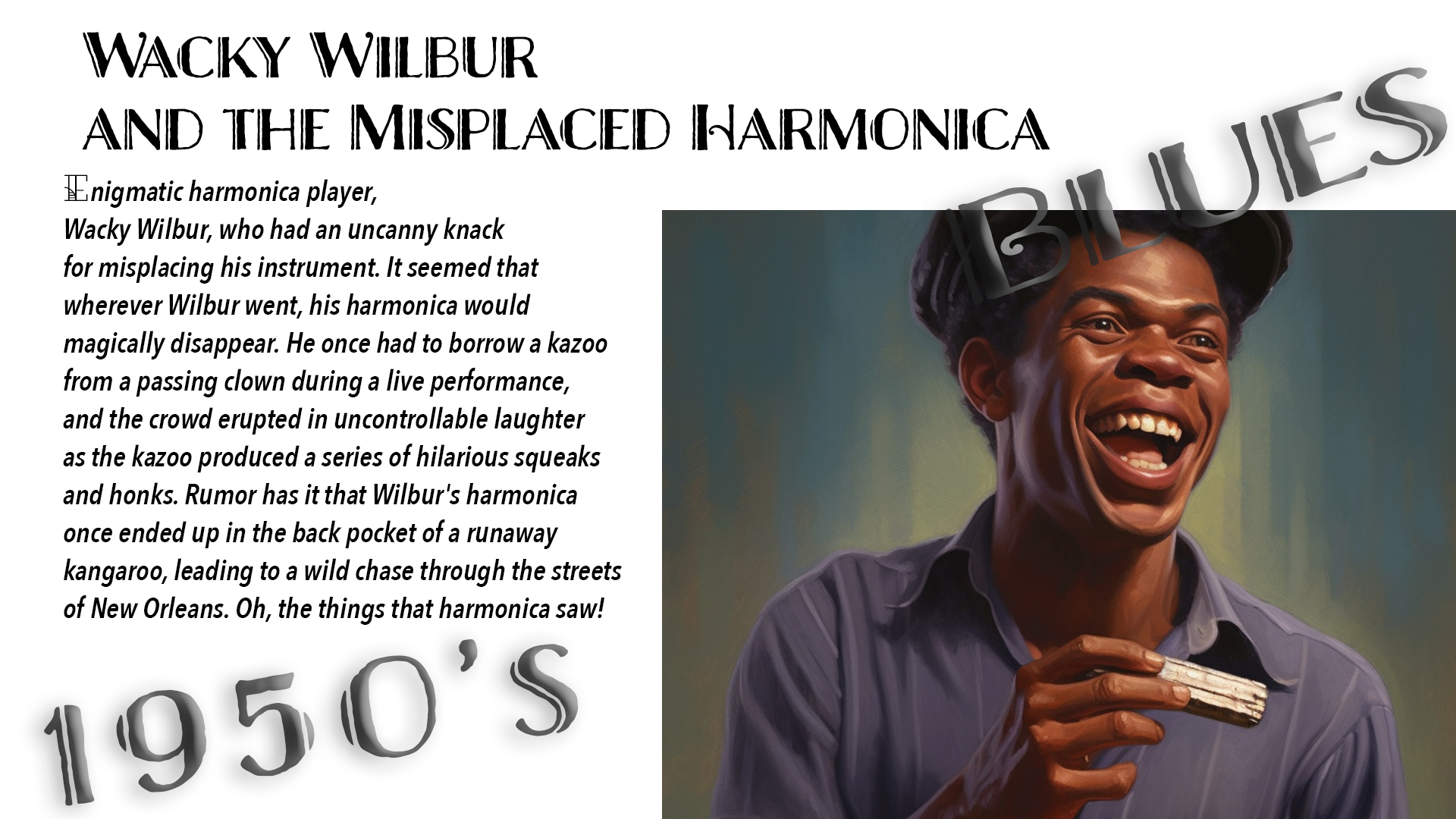 Enigmatic harmonica player, Wacky Wilbur, who had an uncanny knack for misplacing his instrument. It seemed that wherever Wilbur went, his harmonica would magically disappear. He once had to borrow a kazoo from a passing clown during a live performance, and the crowd erupted in uncontrollable laughter as the kazoo produced a series of hilarious squeaks and honks. Rumor has it that Wilbur's harmonica once ended up in the back pocket of a runaway kangaroo, leading to a wild chase through the streets of New Orleans. Oh, the things that harmonica saw!