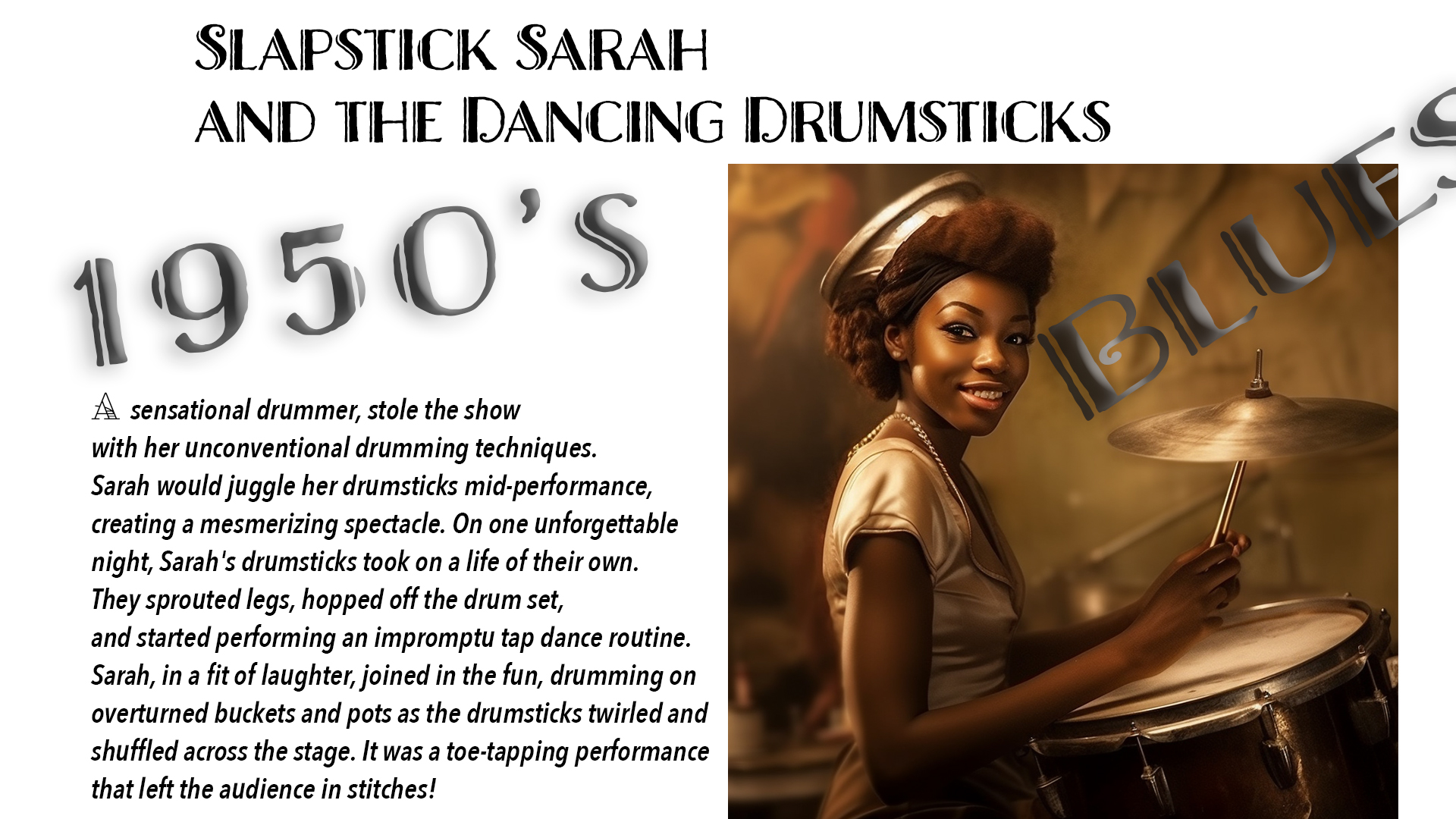 A sensational drummer, stole the show with her unconventional drumming techniques. Sarah would juggle her drumsticks mid-performance, creating a mesmerizing spectacle. On one unforgettable night, Sarah's drumsticks took on a life of their own. They sprouted legs, hopped off the drum set, and started performing an impromptu tap dance routine. Sarah, in a fit of laughter, joined in the fun, drumming on overturned buckets and pots as the drumsticks twirled and shuffled across the stage. It was a toe-tapping performance that left the audience in stitches!