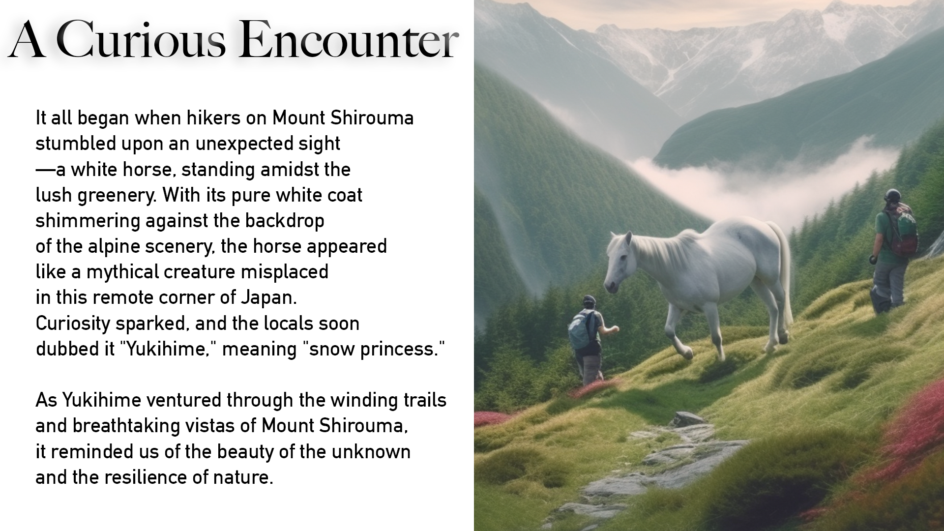 It all began when hikers on Mount Shirouma stumbled upon an unexpected sight -a white horse, standing amidst the lush greenery. With its pure white coat shimmering against the backdrop of the alpine scenery, the horse appeared like a mythical creature misplaced in this remote corner of Japan. Curiosity sparked, and the locals soon dubbed it "Yukihime," meaning "snow princess. As Yukihime ventured through the winding trails and breathtaking vistas of Mount Shirouma, it reminded us of the beauty of the unknown and the resilience of nature.