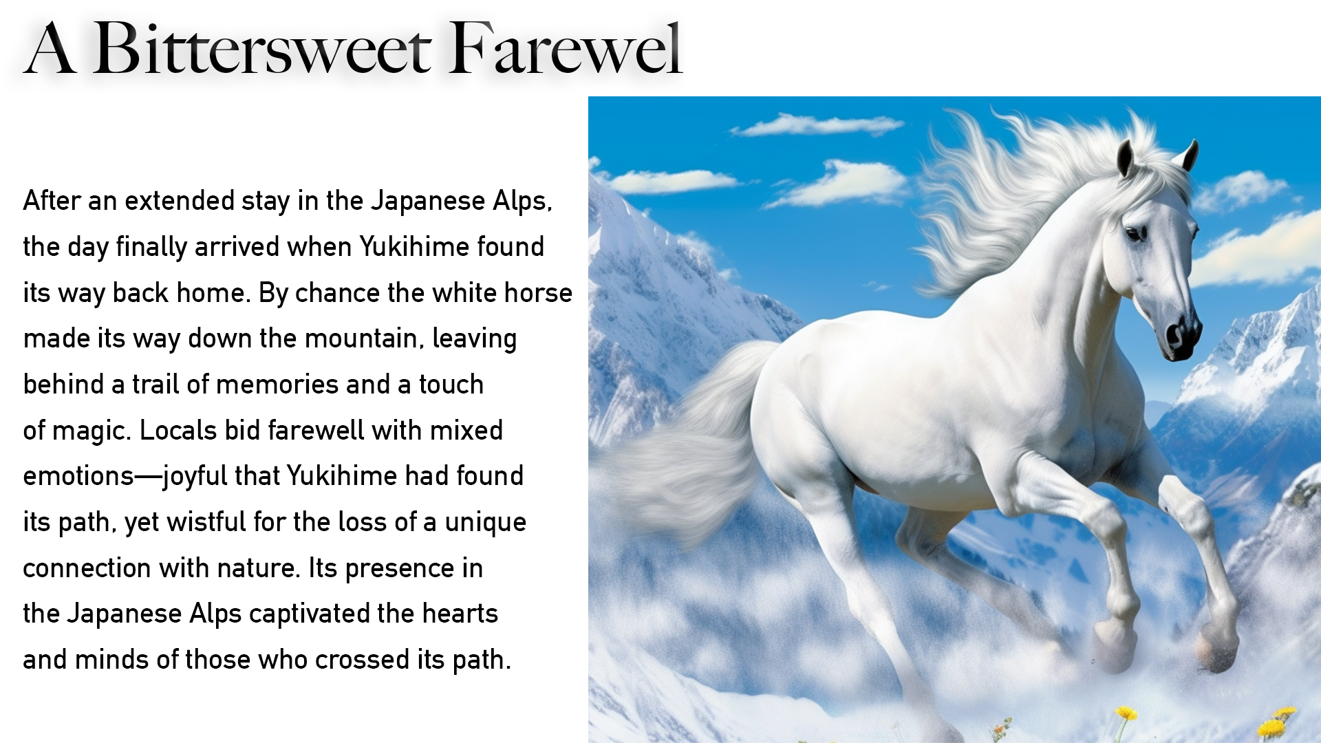 After an extended stay in the Japanese Alps, the day finally arrived when Yukihime found its way back home. By chance the white horse made its way down the mountain, leaving behind a trail of memories and a touch of magic. Locals bid farewell with mixed emotions joyful that Yukihime had found its path, yet wistful for the loss of a unique connection with nature. Its presence in the Japanese Alps captivated the hearts and minds of those who crossed its path. As Yukihime ventured through the winding trails and breathtaking vistas of Mount Shirouma, it reminded us of the beauty of the unknown and the resilience of nature.